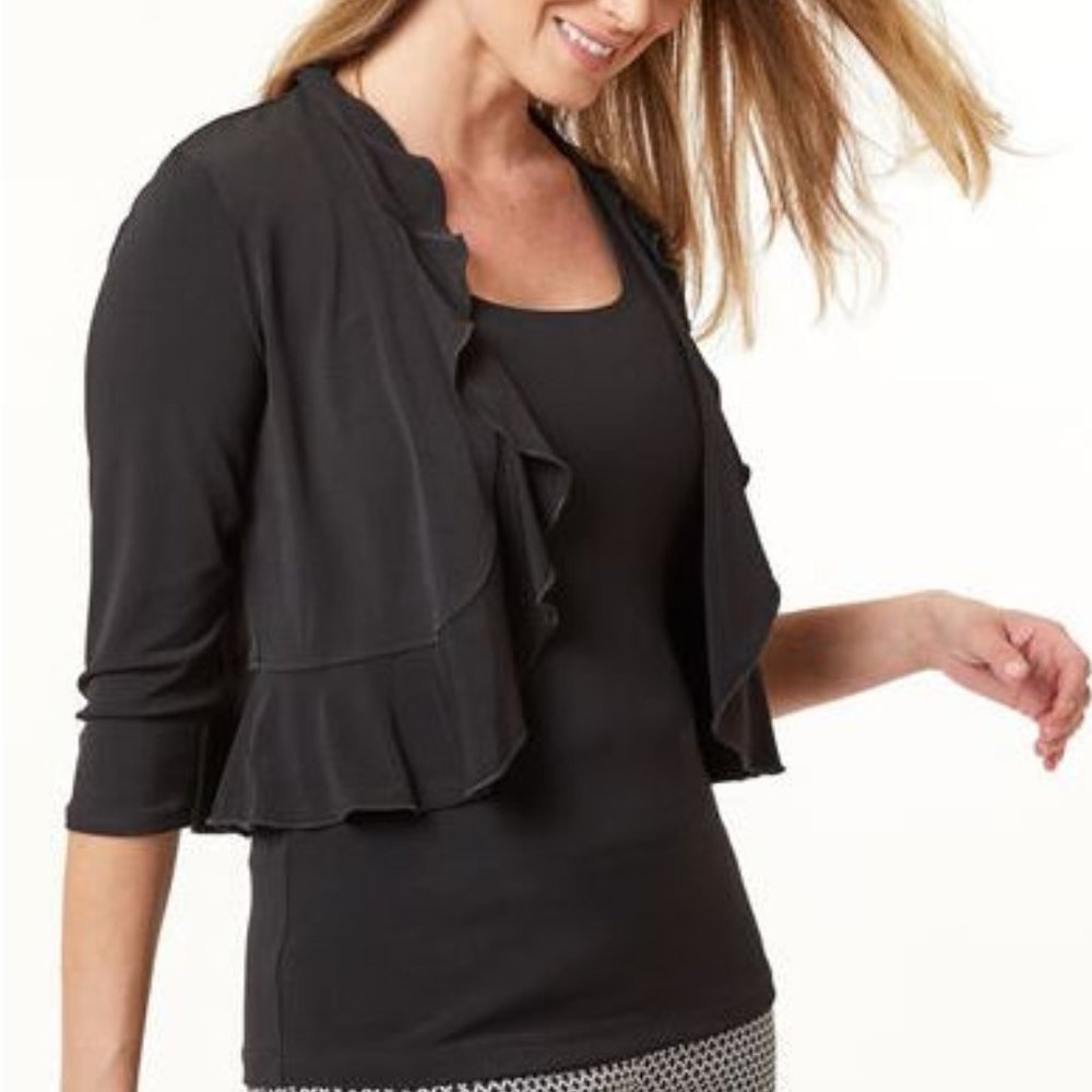 NEW cleo Black Ruffle-Sleeve Open Shrug, M - Picture 2 of 8